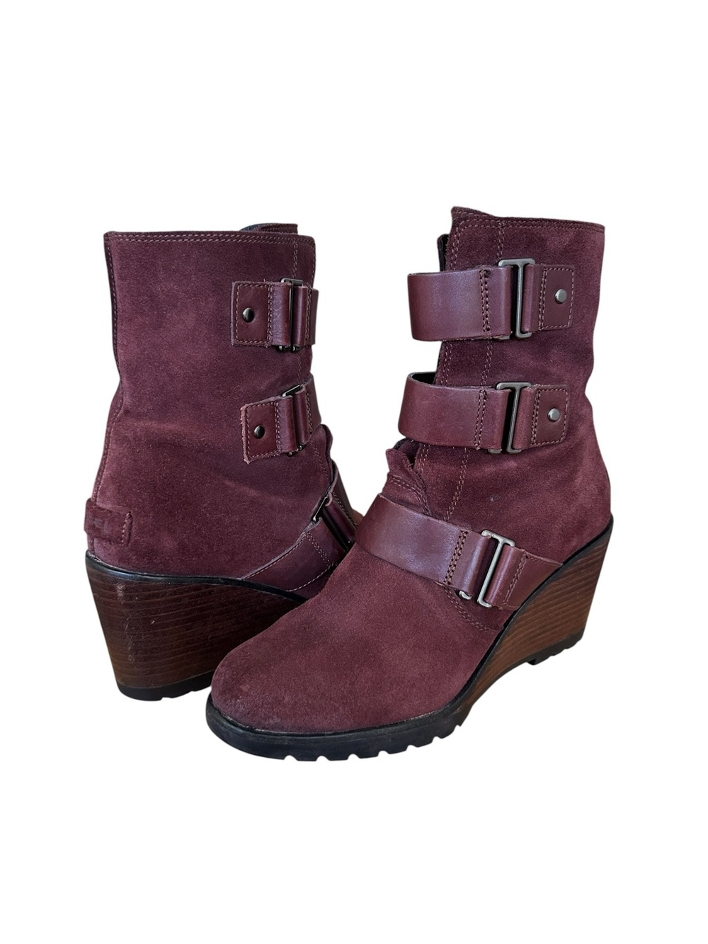 SOREL After Hours Suede Wedge Ankle Boots Burgundy Leather Strap Moto Booties 9
